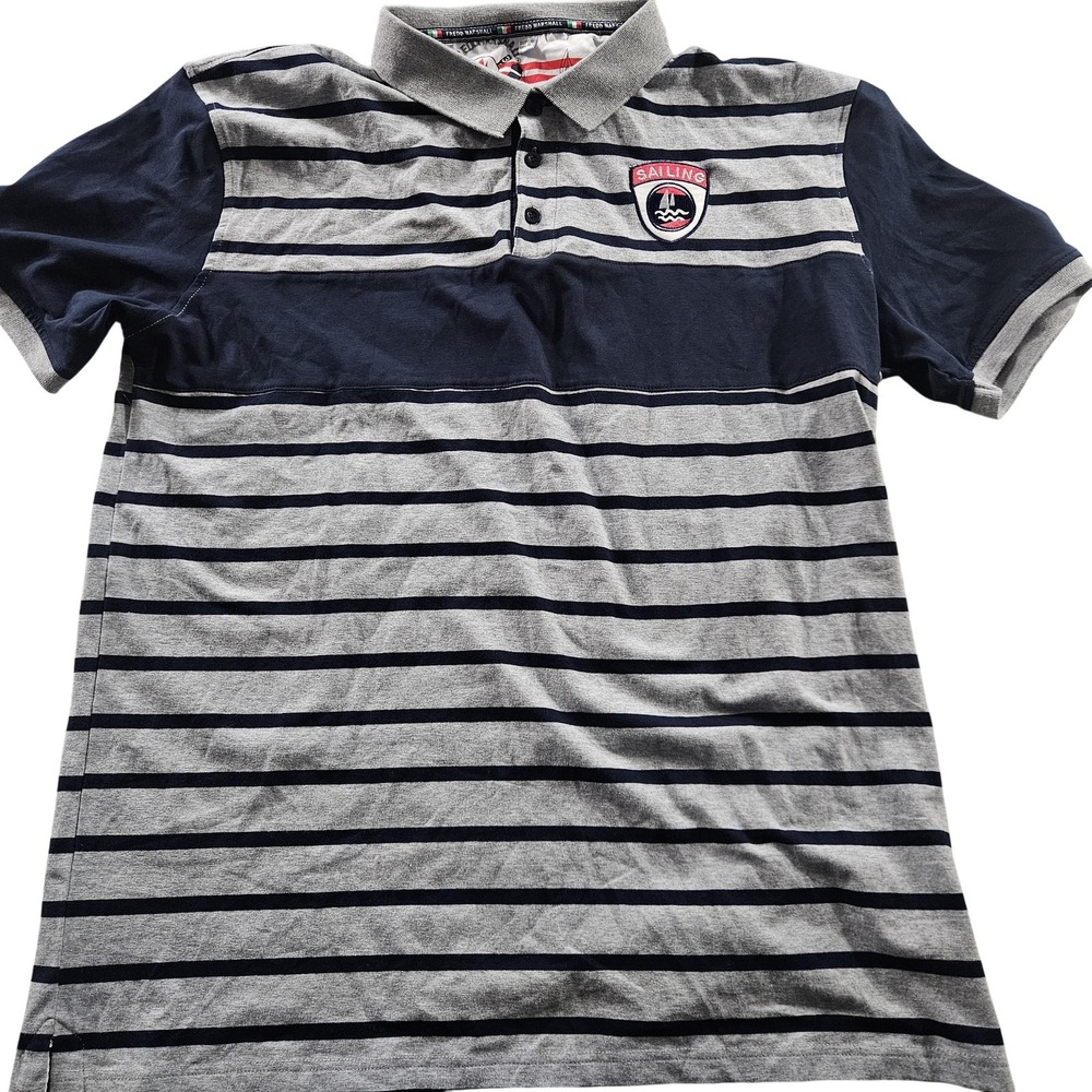 Fredd Marshall Polo Shirt Mens XL Navy Gray‎ Striped Nautical Sailing Patch Logo